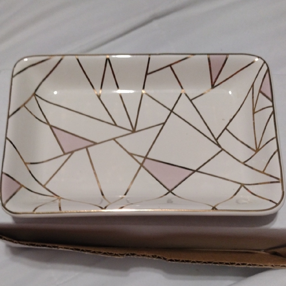 Geometric Pink and Gold Trinket Tray. 6" X 4" Beautiful Accent Piece NIB